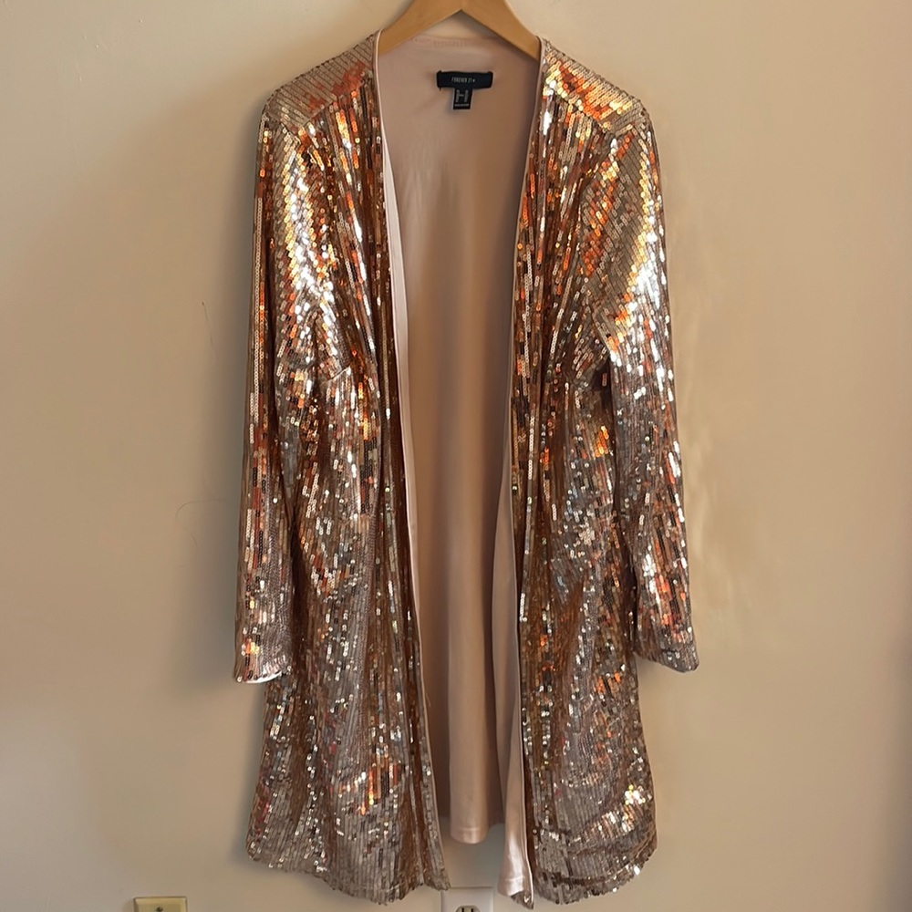Rose gold sequin long duster cardigan